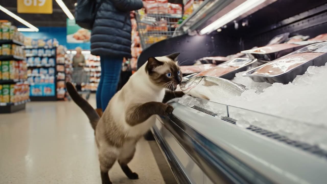 A Siamese cat carrying a stolen fish down a supermarket aisle