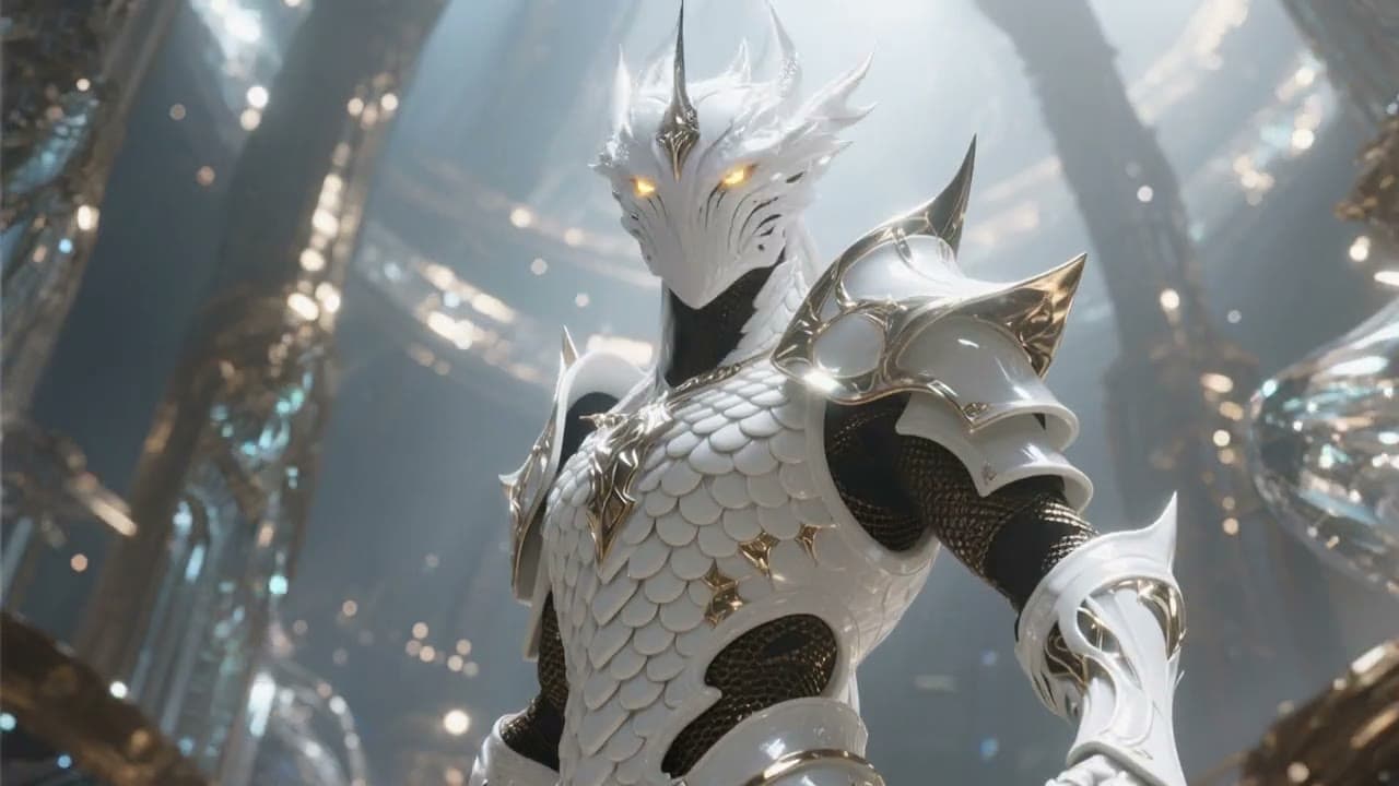A figure in ornate white dragon-scale armor with gold trim