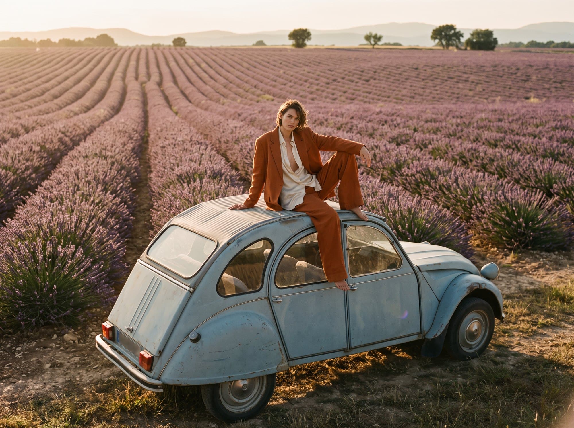 A woman in a rust suit sitting on a pale blue vintage car in a lavender field