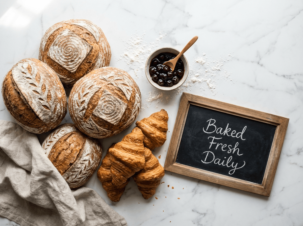 Loaves, croissants and a chalkboard reading “Baked Fresh Daily”